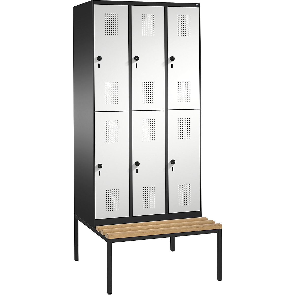 EVOLO cloakroom locker, double tier, with bench – C+P, 3 compartments, 2 shelf compartments each, compartment width 300 mm, black grey / light grey-5