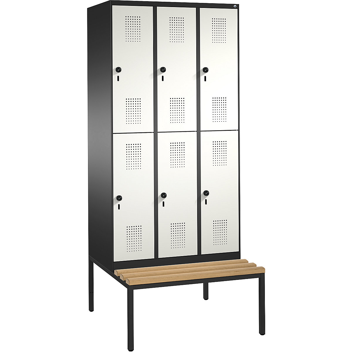 EVOLO cloakroom locker, double tier, with bench – C+P, 3 compartments, 2 shelf compartments each, compartment width 300 mm, black grey / pure white-12