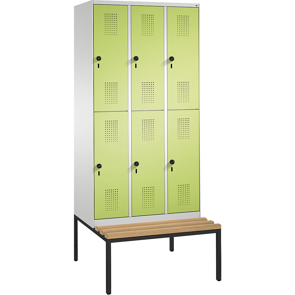 EVOLO cloakroom locker, double tier, with bench – C+P, 3 compartments, 2 shelf compartments each, compartment width 300 mm, light grey / viridian green-7