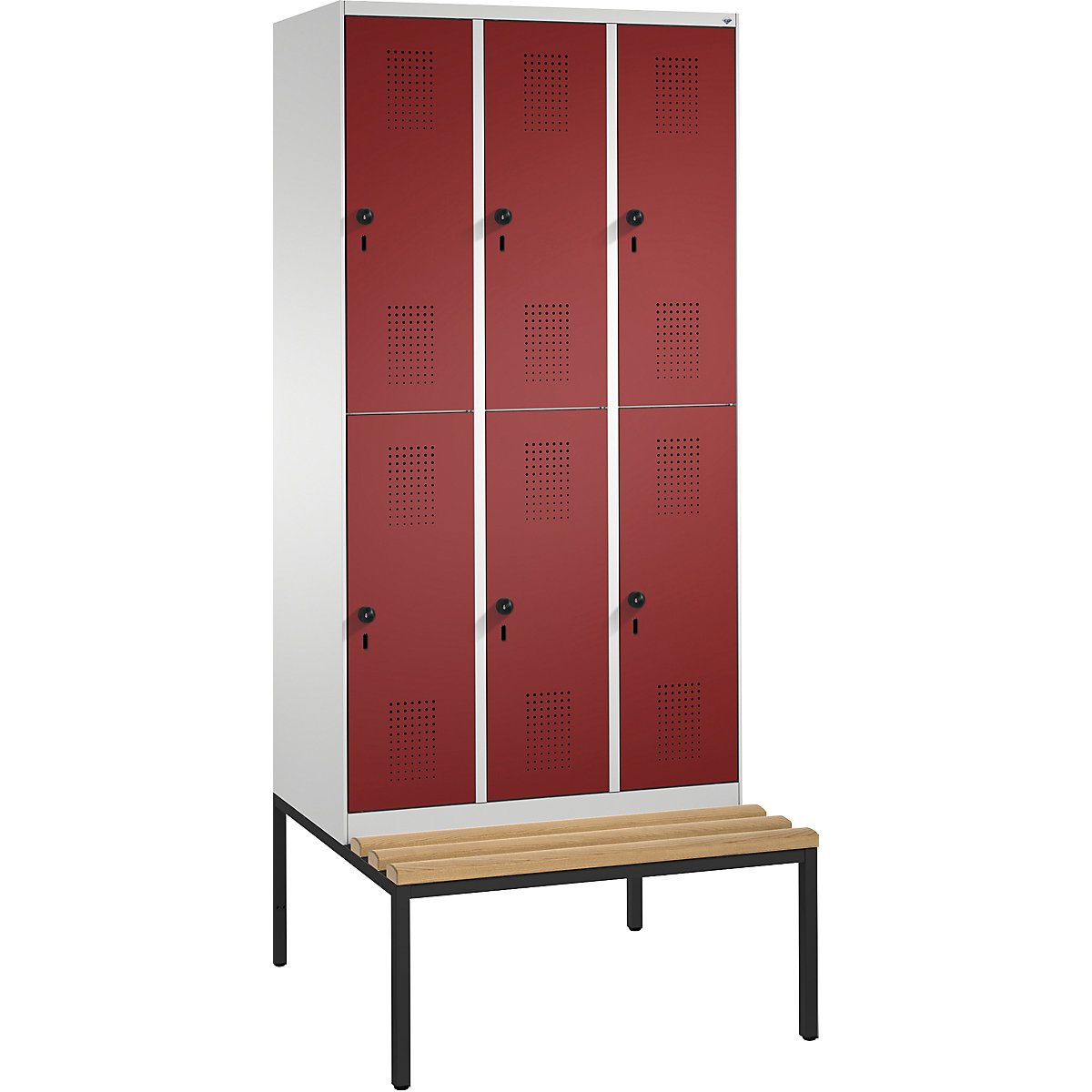 EVOLO cloakroom locker, double tier, with bench – C+P, 3 compartments, 2 shelf compartments each, compartment width 300 mm, light grey / ruby red-15