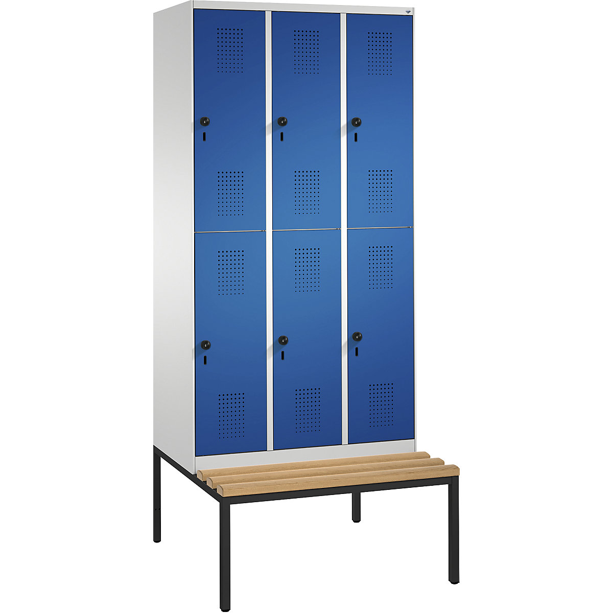 EVOLO cloakroom locker, double tier, with bench – C+P, 3 compartments, 2 shelf compartments each, compartment width 300 mm, light grey / gentian blue-16