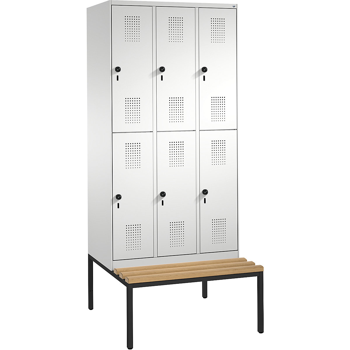 EVOLO cloakroom locker, double tier, with bench – C+P, 3 compartments, 2 shelf compartments each, compartment width 300 mm, light grey-6