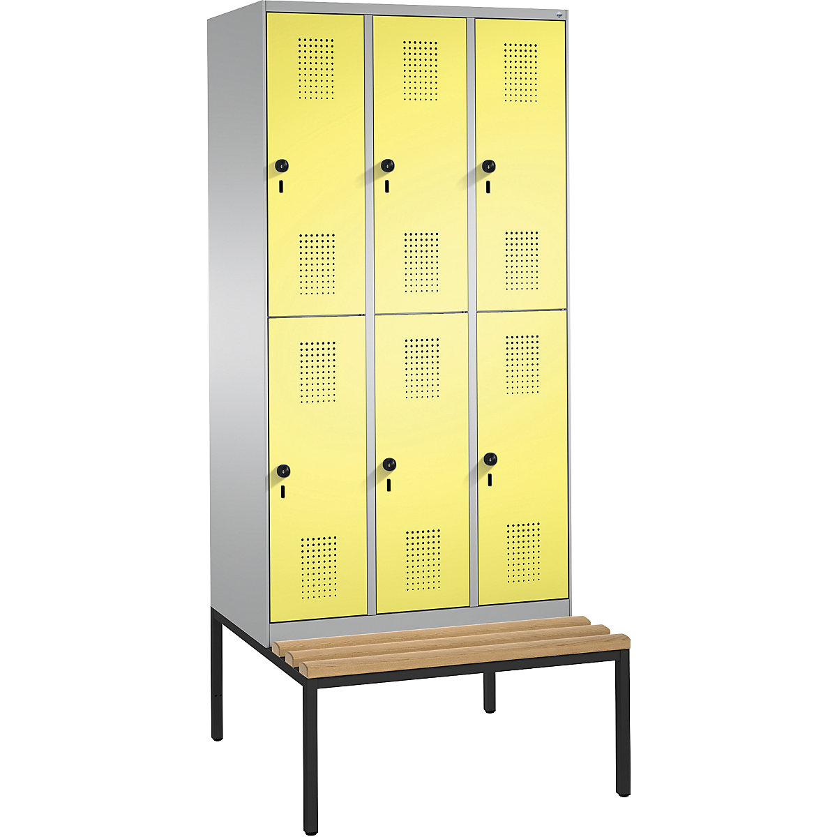 EVOLO cloakroom locker, double tier, with bench – C+P, 3 compartments, 2 shelf compartments each, compartment width 300 mm, white aluminium / sulphur yellow-3