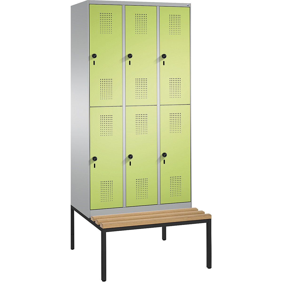 EVOLO cloakroom locker, double tier, with bench – C+P, 3 compartments, 2 shelf compartments each, compartment width 300 mm, white aluminium / viridian green-17