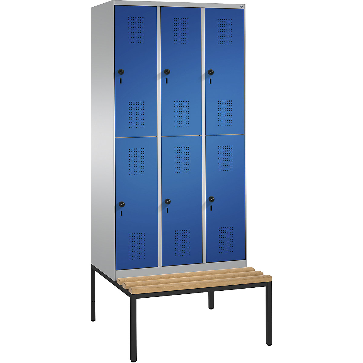 EVOLO cloakroom locker, double tier, with bench – C+P, 3 compartments, 2 shelf compartments each, compartment width 300 mm, white aluminium / gentian blue-9