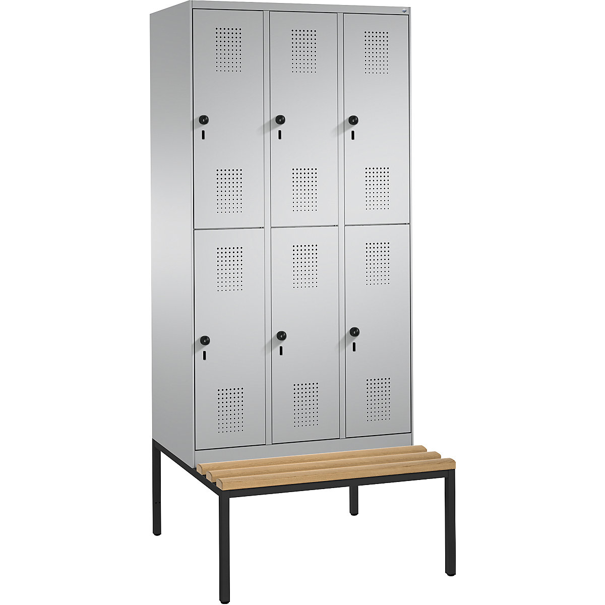 EVOLO cloakroom locker, double tier, with bench – C+P, 3 compartments, 2 shelf compartments each, compartment width 300 mm, white aluminium / white aluminium-4