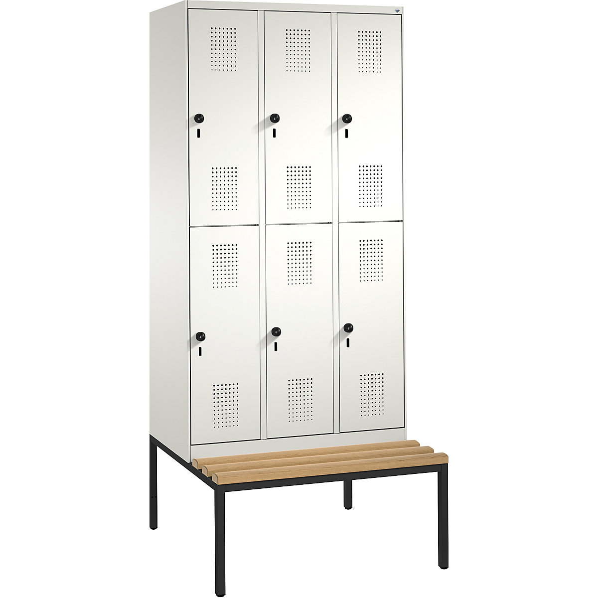 EVOLO cloakroom locker, double tier, with bench – C+P, 3 compartments, 2 shelf compartments each, compartment width 300 mm, pure white / pure white-13