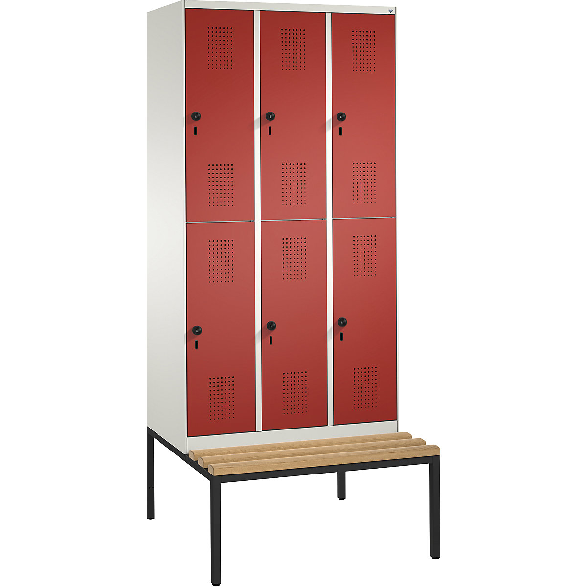 EVOLO cloakroom locker, double tier, with bench – C+P, 3 compartments, 2 shelf compartments each, compartment width 300 mm, pure white / flame red-11