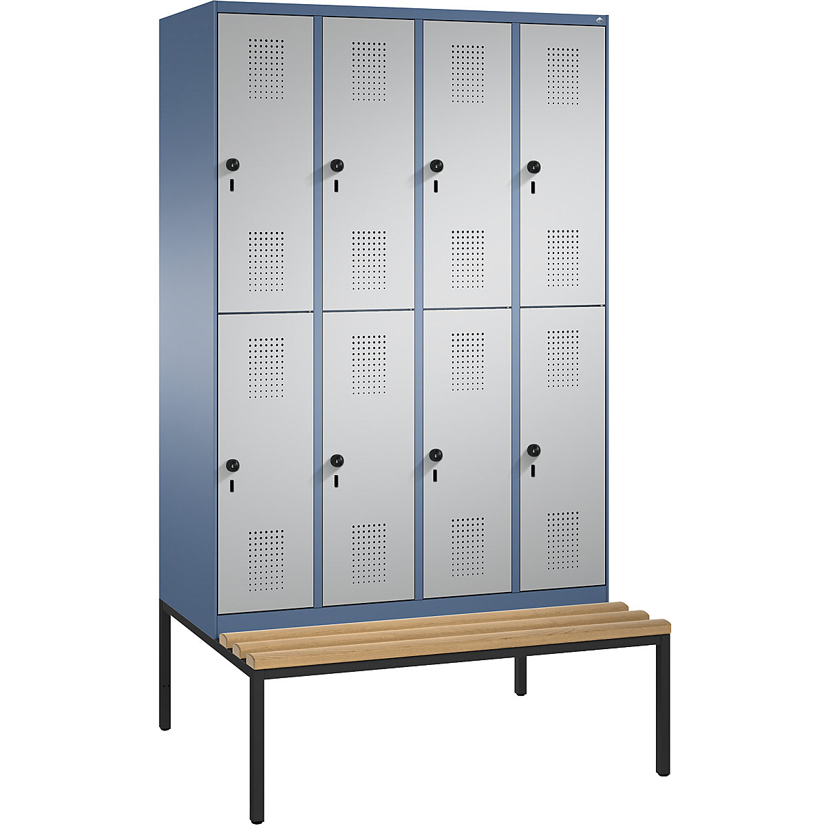 EVOLO cloakroom locker, double tier, with bench – C+P, 4 compartments, 2 shelf compartments each, compartment width 300 mm, distant blue / white aluminium-14