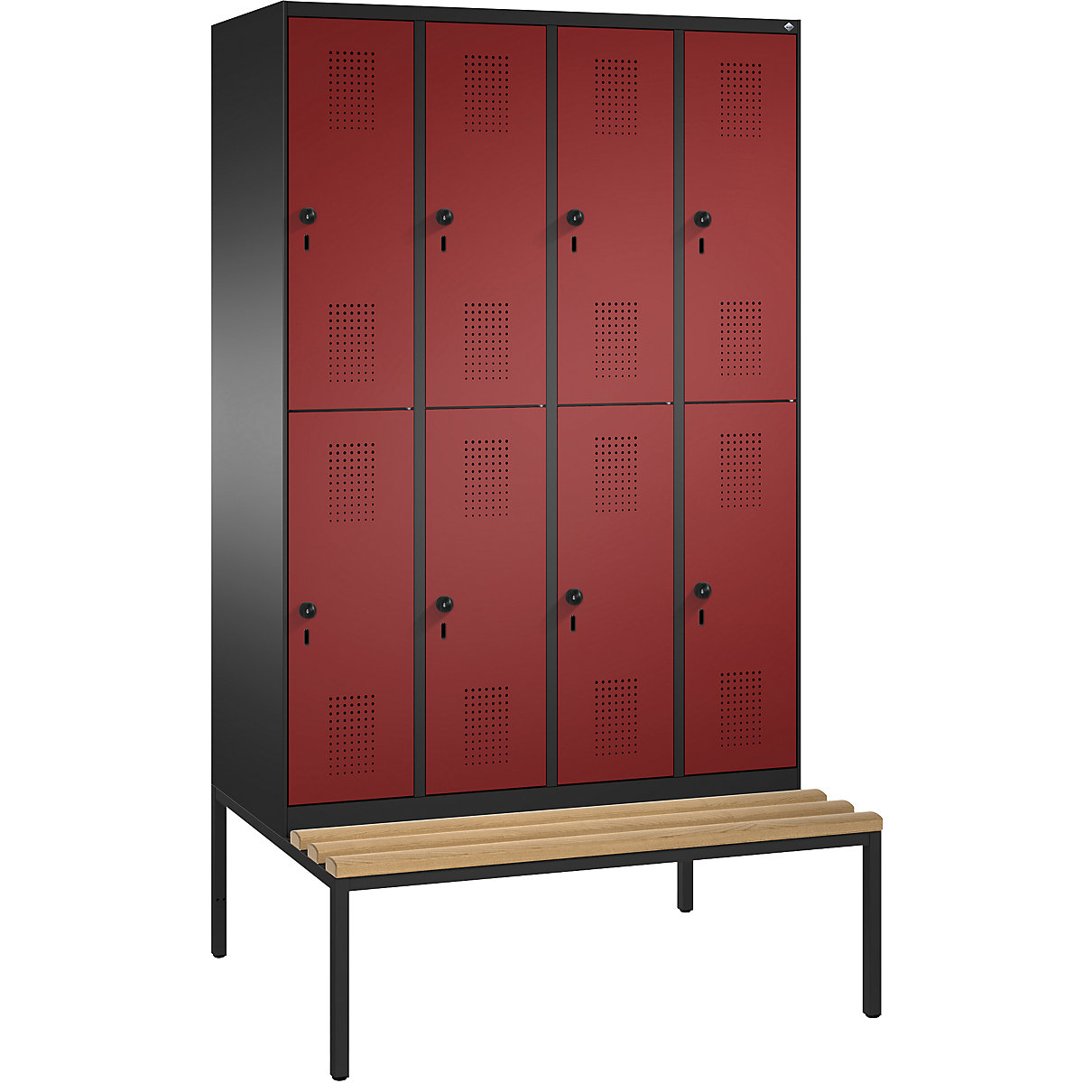 EVOLO cloakroom locker, double tier, with bench – C+P, 4 compartments, 2 shelf compartments each, compartment width 300 mm, black grey / ruby red-11