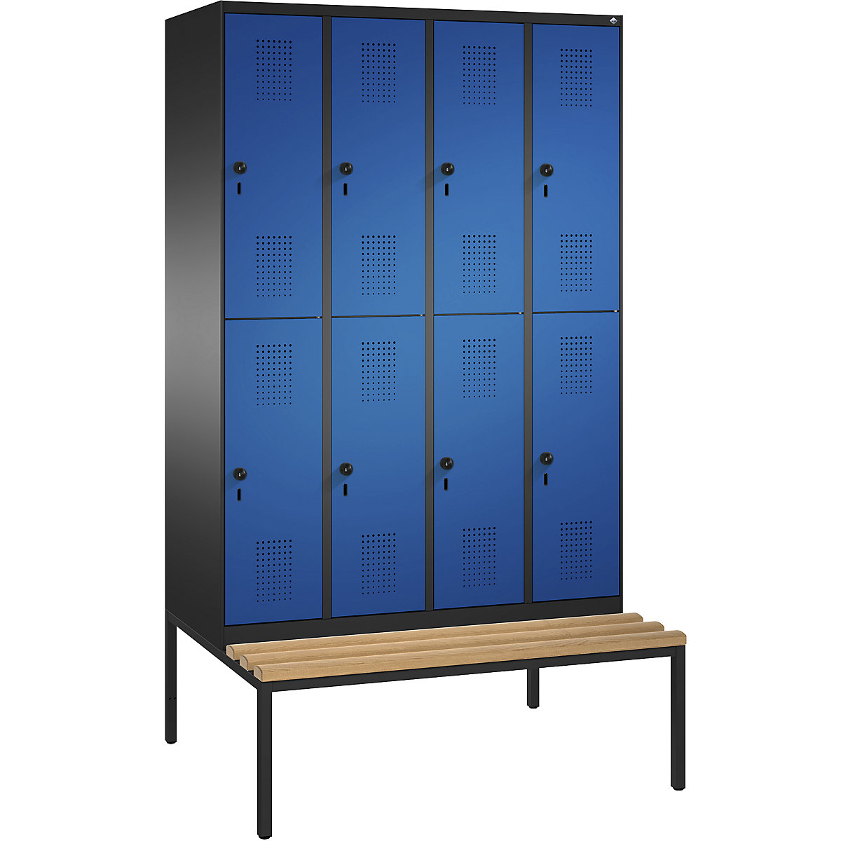 EVOLO cloakroom locker, double tier, with bench – C+P, 4 compartments, 2 shelf compartments each, compartment width 300 mm, black grey / gentian blue-8