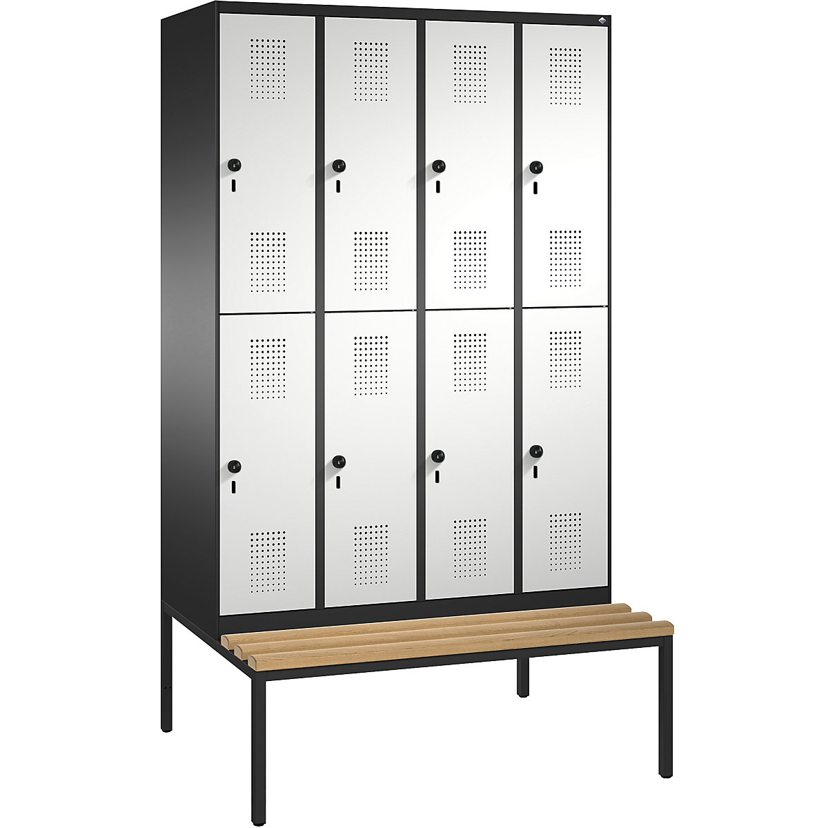 EVOLO cloakroom locker, double tier, with bench – C+P, 4 compartments, 2 shelf compartments each, compartment width 300 mm, black grey / light grey-12