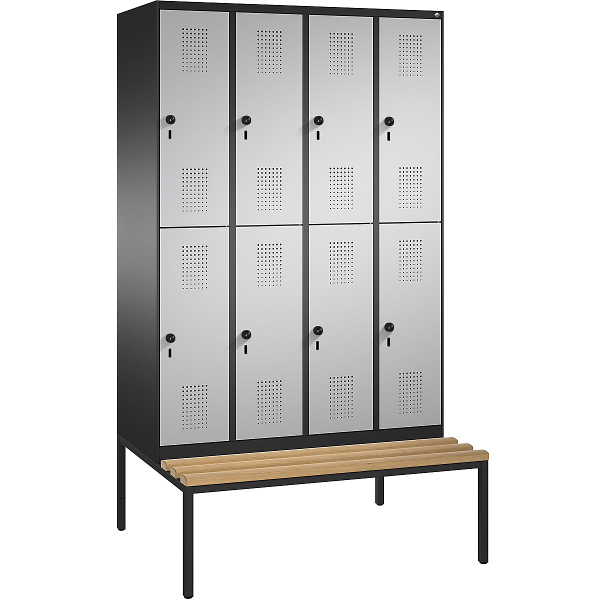 EVOLO cloakroom locker, double tier, with bench – C+P, 4 compartments, 2 shelf compartments each, compartment width 300 mm, black grey / white aluminium-16