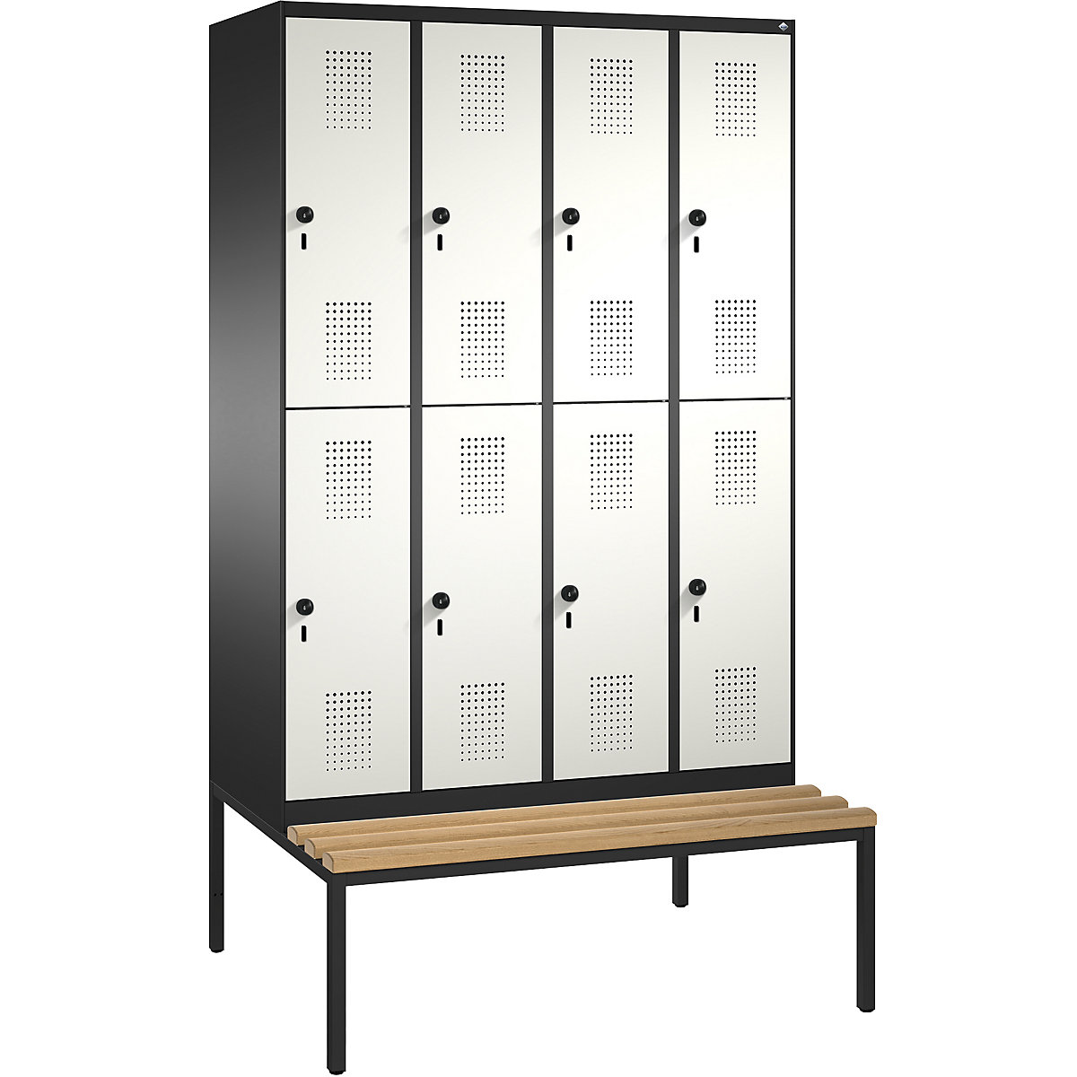 EVOLO cloakroom locker, double tier, with bench – C+P, 4 compartments, 2 shelf compartments each, compartment width 300 mm, black grey / pure white-2