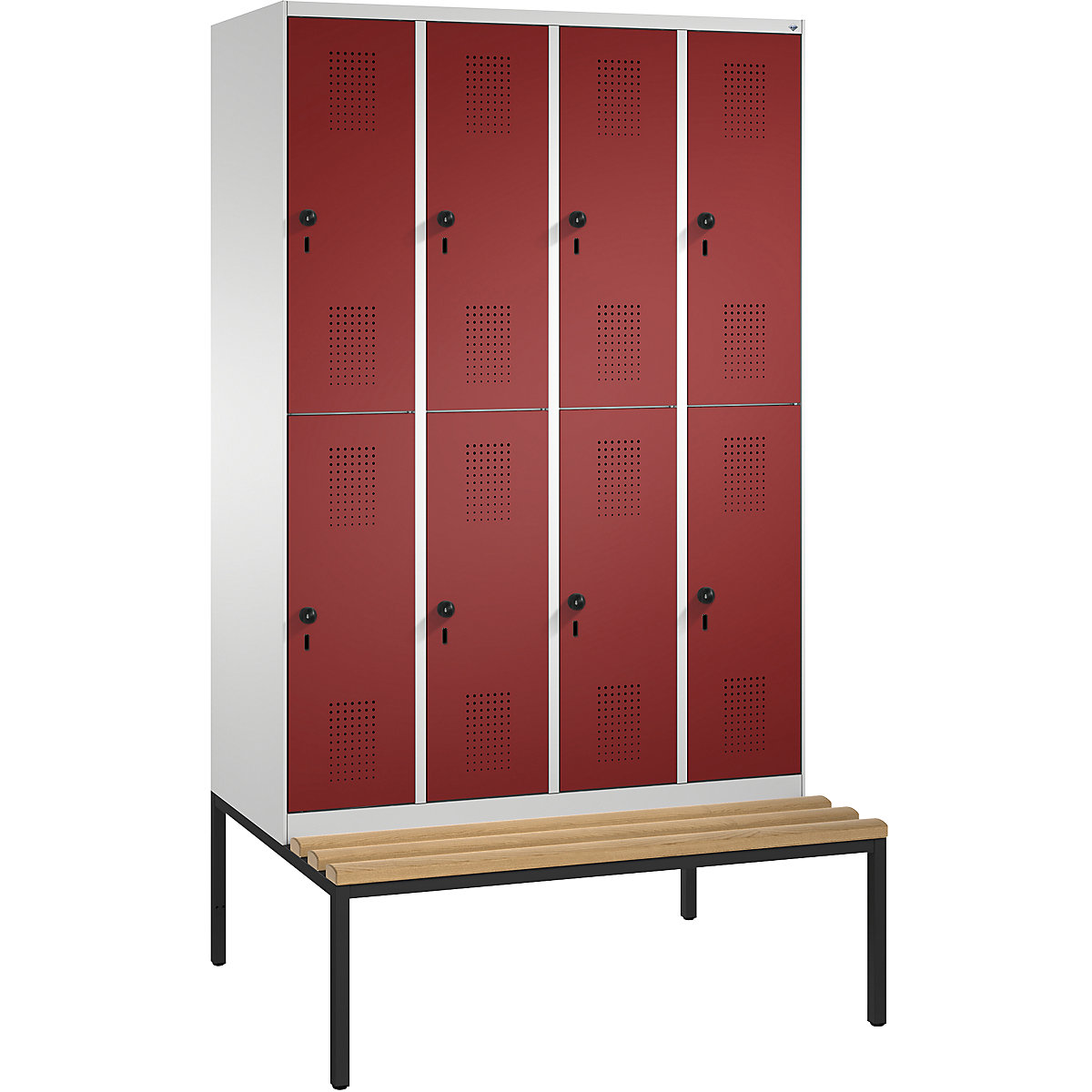 EVOLO cloakroom locker, double tier, with bench – C+P, 4 compartments, 2 shelf compartments each, compartment width 300 mm, light grey / ruby red-4