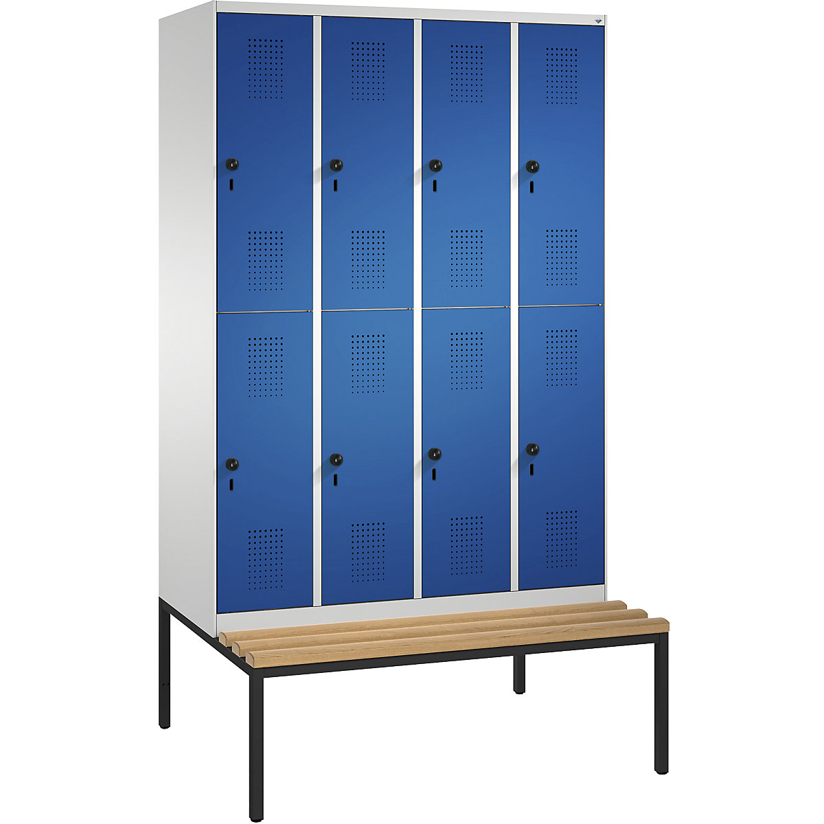 EVOLO cloakroom locker, double tier, with bench – C+P, 4 compartments, 2 shelf compartments each, compartment width 300 mm, light grey / gentian blue-6