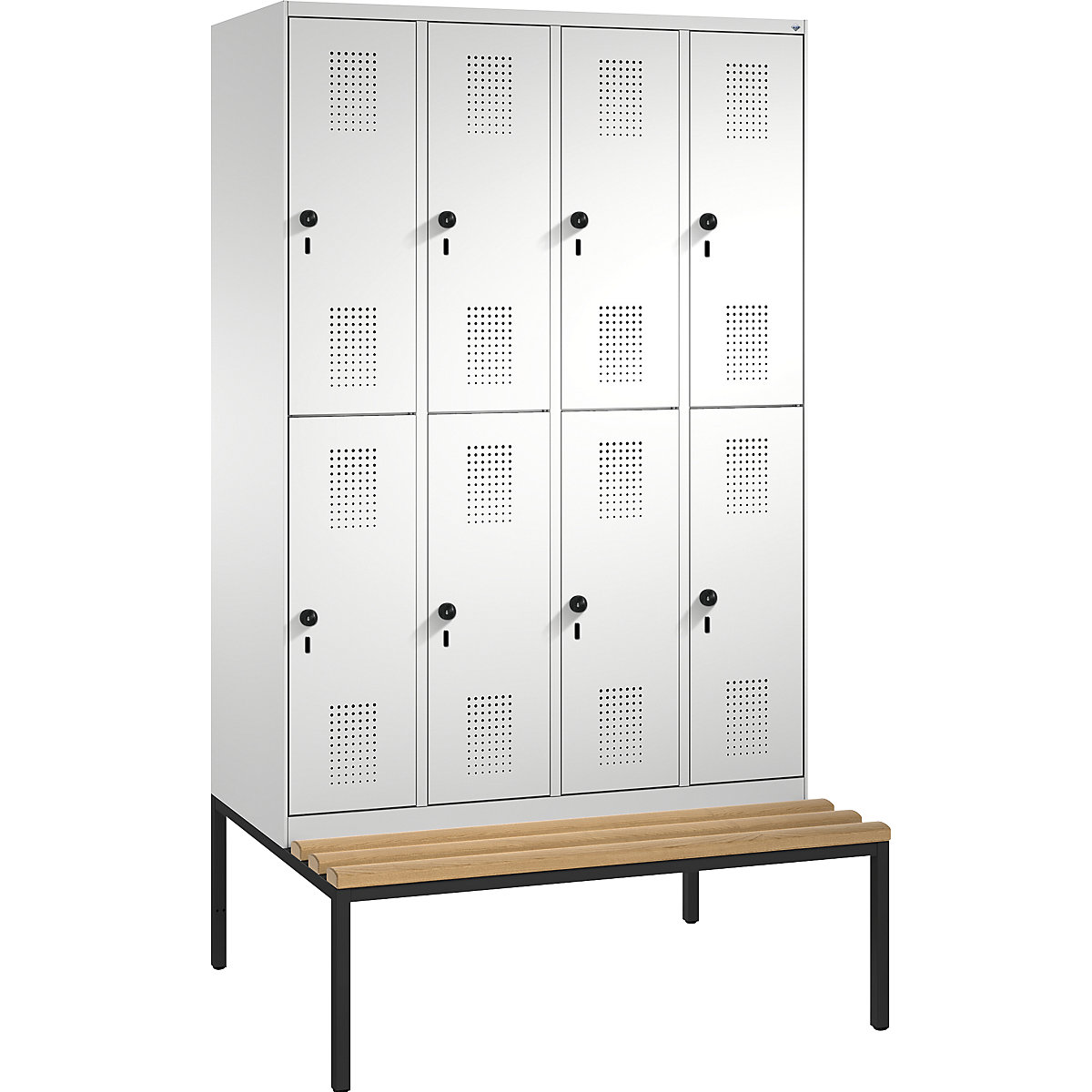 EVOLO cloakroom locker, double tier, with bench – C+P, 4 compartments, 2 shelf compartments each, compartment width 300 mm, light grey-7