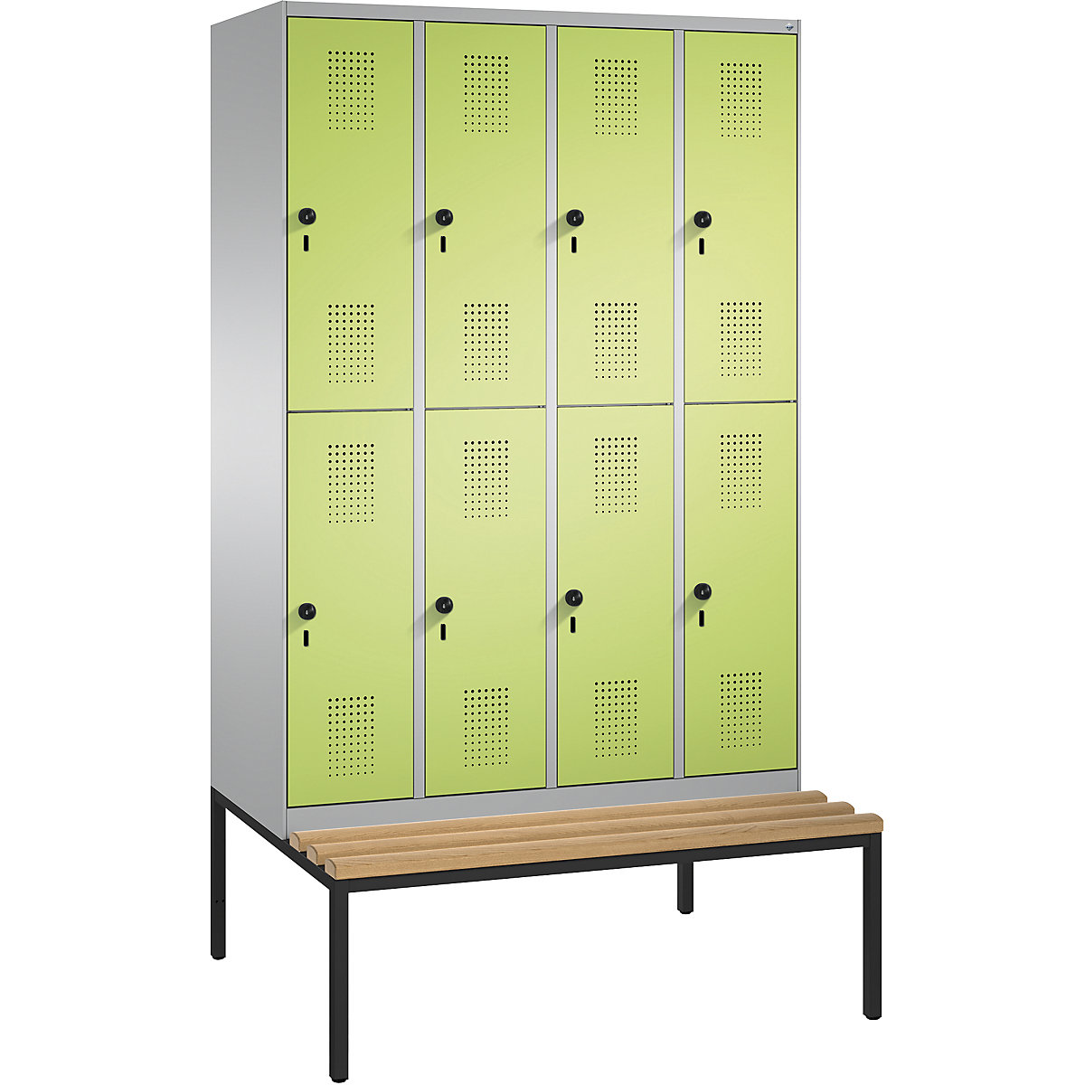 EVOLO cloakroom locker, double tier, with bench – C+P, 4 compartments, 2 shelf compartments each, compartment width 300 mm, white aluminium / viridian green-10