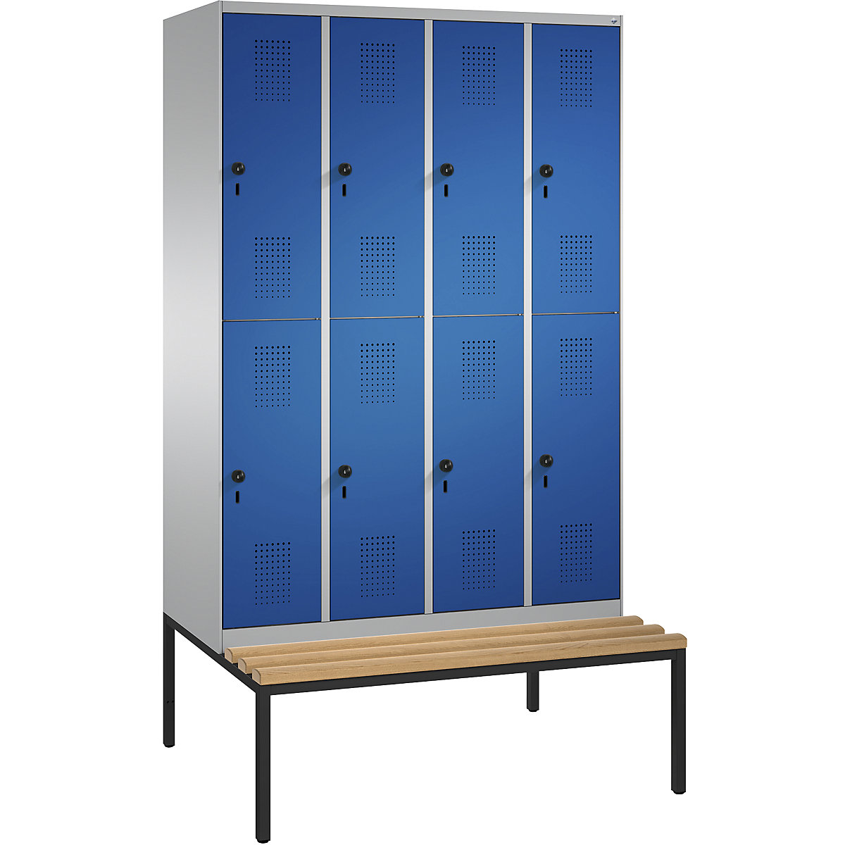 EVOLO cloakroom locker, double tier, with bench – C+P, 4 compartments, 2 shelf compartments each, compartment width 300 mm, white aluminium / gentian blue-5