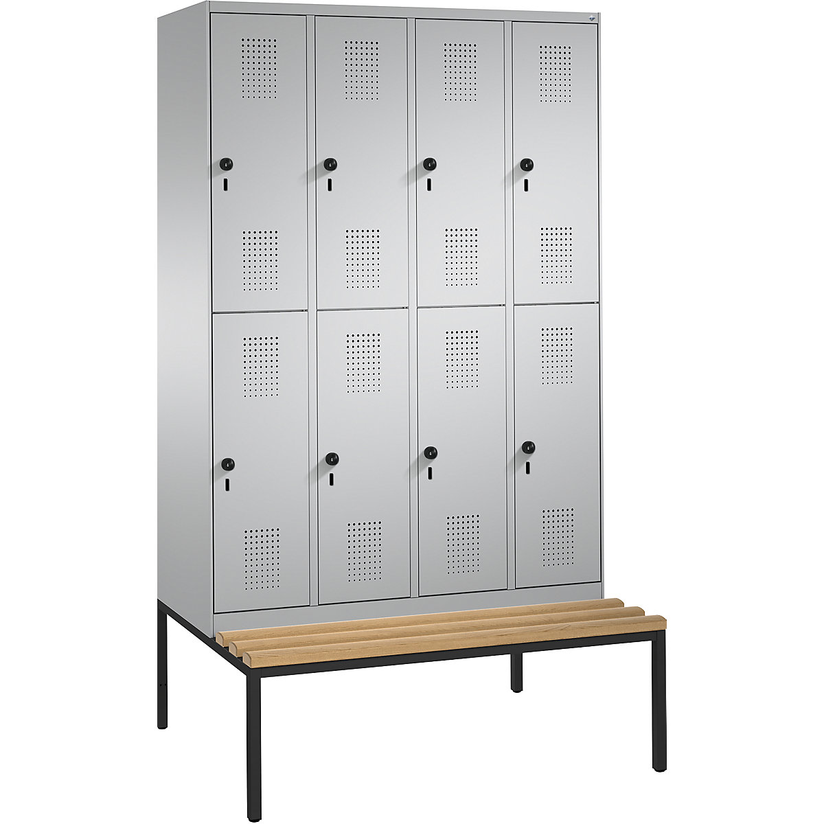 EVOLO cloakroom locker, double tier, with bench – C+P, 4 compartments, 2 shelf compartments each, compartment width 300 mm, white aluminium / white aluminium-3