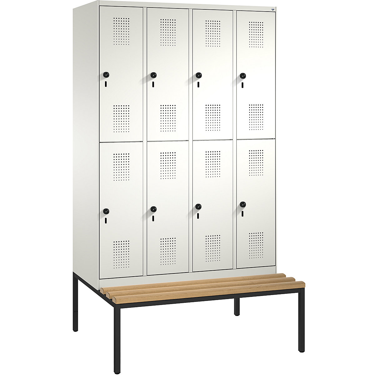 EVOLO cloakroom locker, double tier, with bench – C+P, 4 compartments, 2 shelf compartments each, compartment width 300 mm, pure white / pure white-13