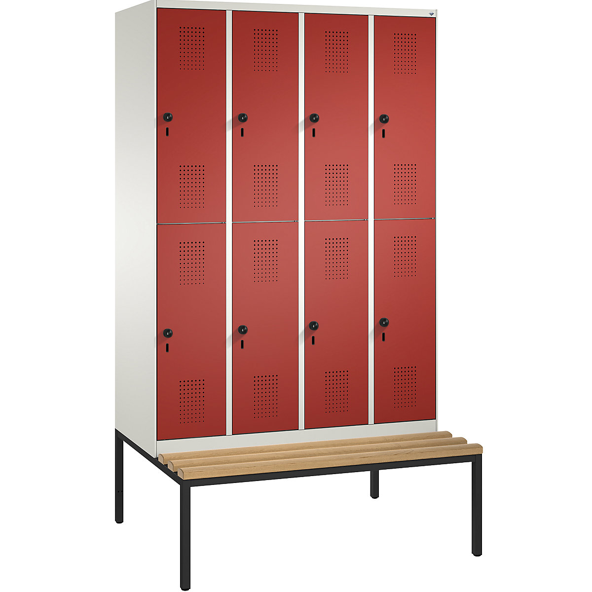 EVOLO cloakroom locker, double tier, with bench – C+P, 4 compartments, 2 shelf compartments each, compartment width 300 mm, pure white / flame red-15