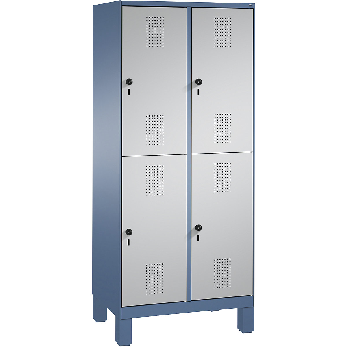 EVOLO cloakroom locker, double tier, with feet – C+P, 2 compartments, 2 shelf compartments each, compartment width 400 mm, distant blue / white aluminium-6