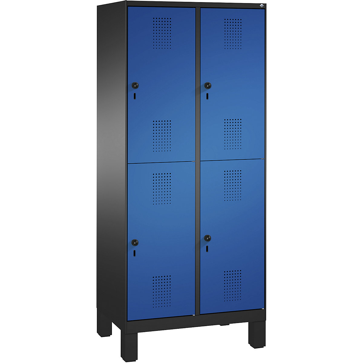 EVOLO cloakroom locker, double tier, with feet – C+P, 2 compartments, 2 shelf compartments each, compartment width 400 mm, black grey / gentian blue-13