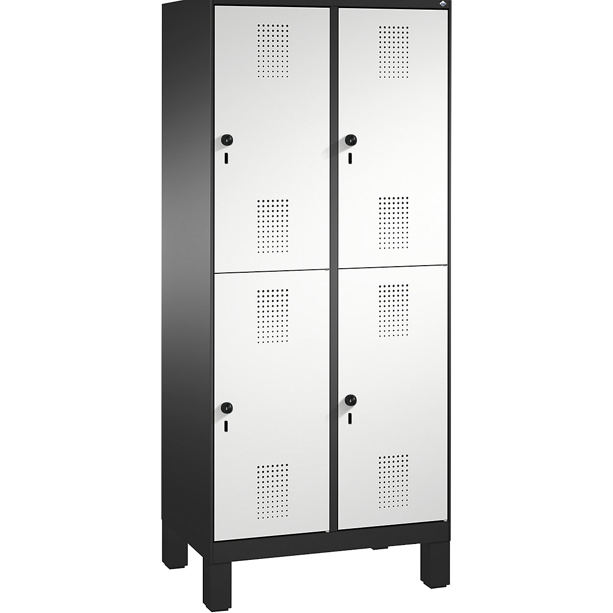 EVOLO cloakroom locker, double tier, with feet – C+P, 2 compartments, 2 shelf compartments each, compartment width 400 mm, black grey / light grey-9