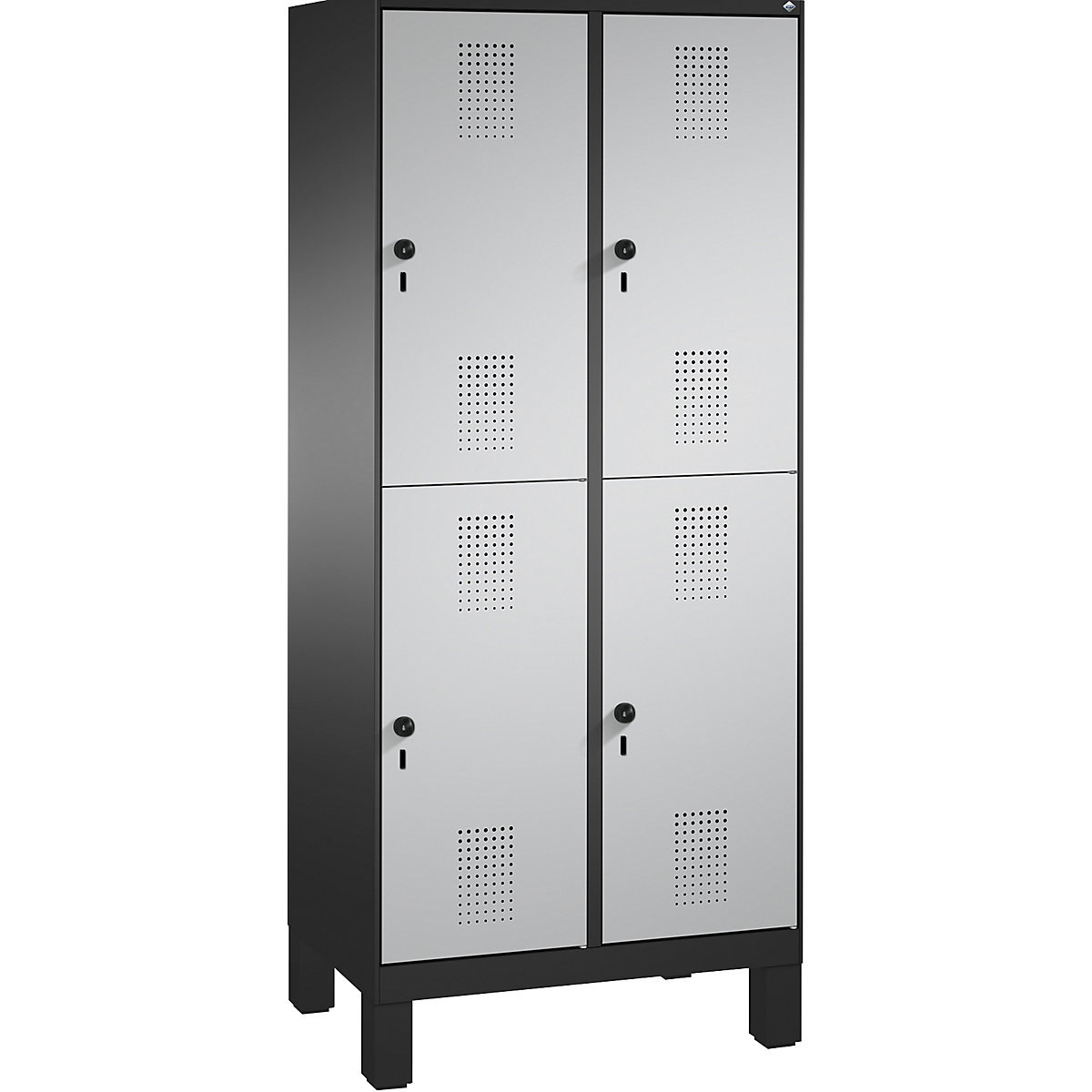 EVOLO cloakroom locker, double tier, with feet – C+P, 2 compartments, 2 shelf compartments each, compartment width 400 mm, black grey / white aluminium-4