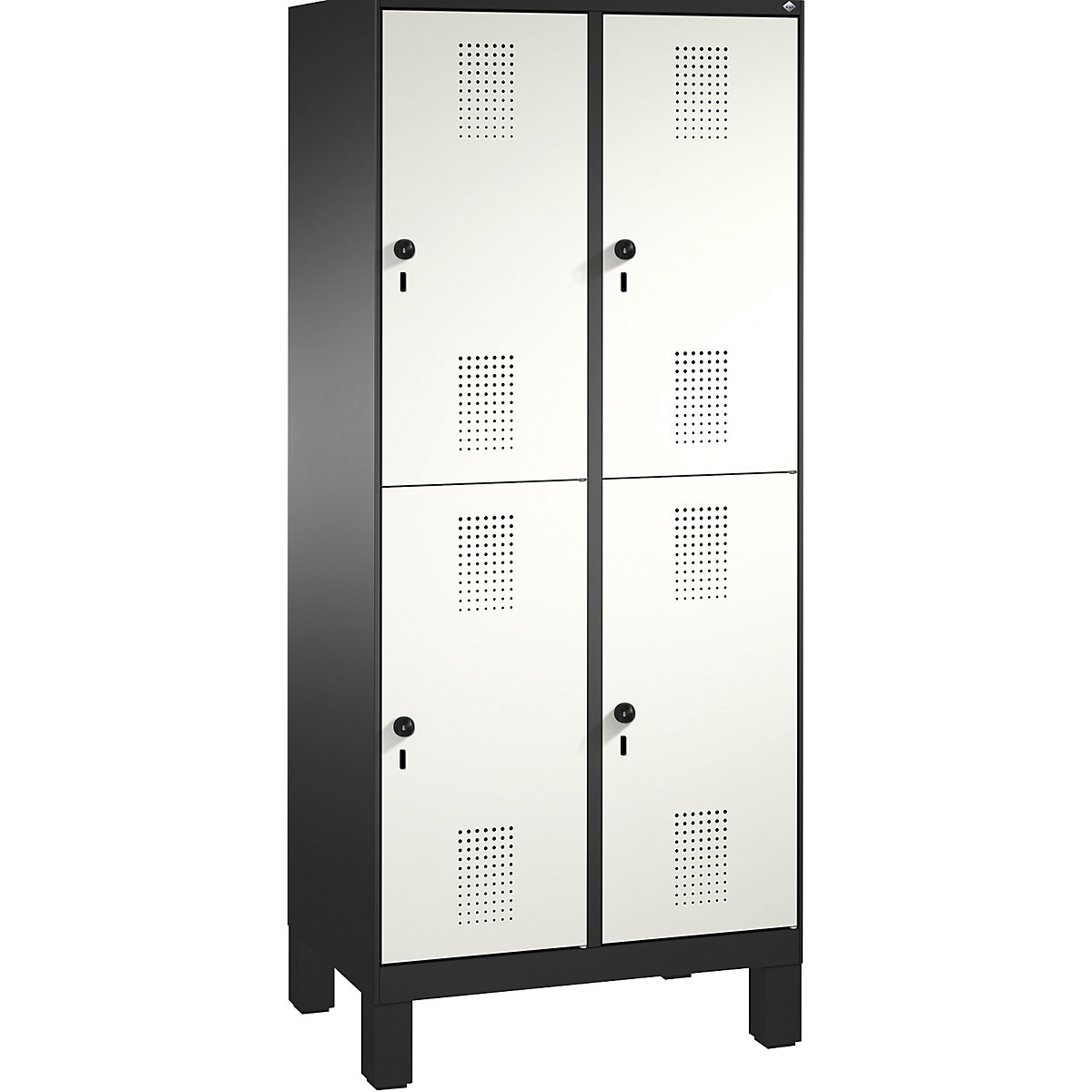 EVOLO cloakroom locker, double tier, with feet – C+P, 2 compartments, 2 shelf compartments each, compartment width 400 mm, black grey / traffic white-16