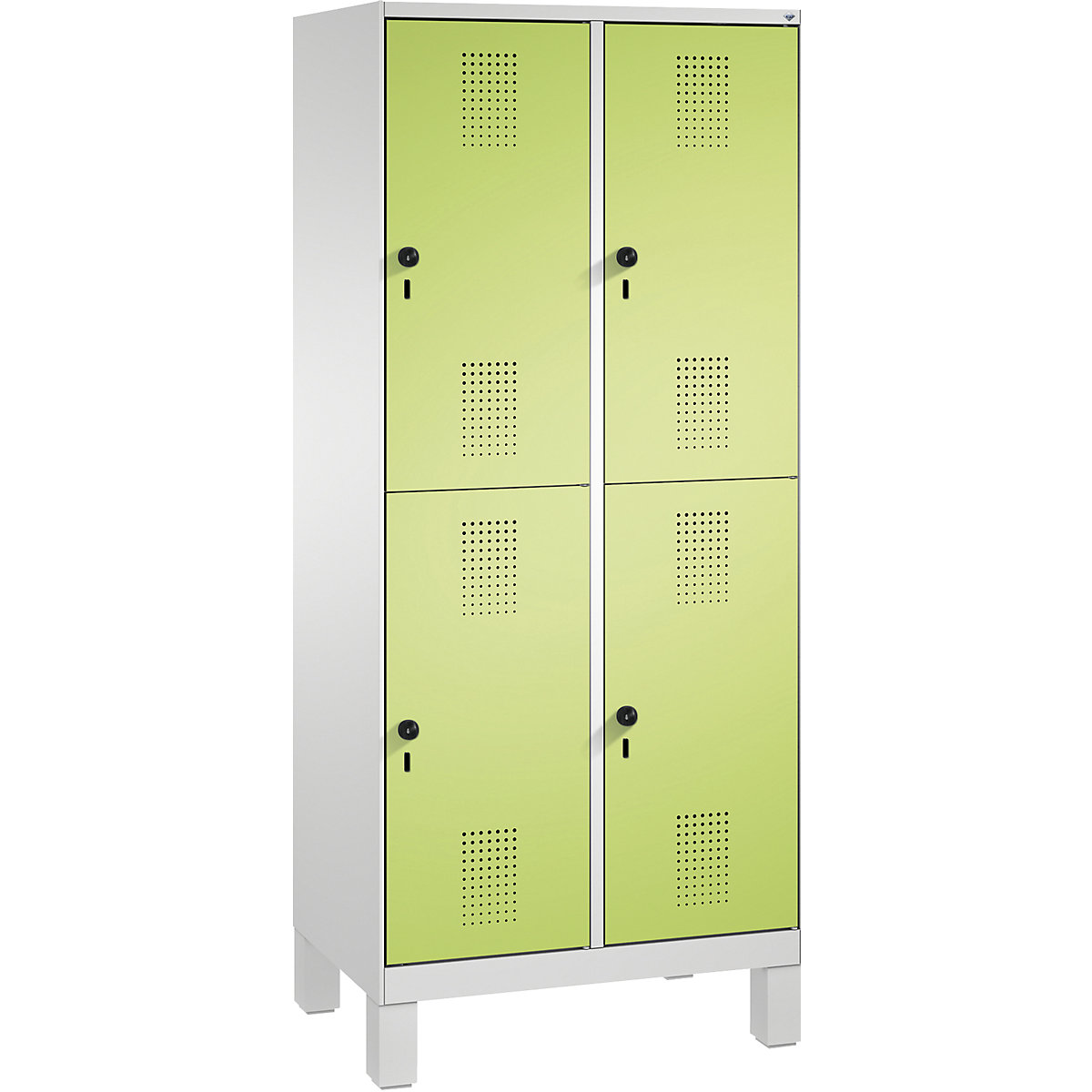 EVOLO cloakroom locker, double tier, with feet – C+P, 2 compartments, 2 shelf compartments each, compartment width 400 mm, light grey / viridian green-11