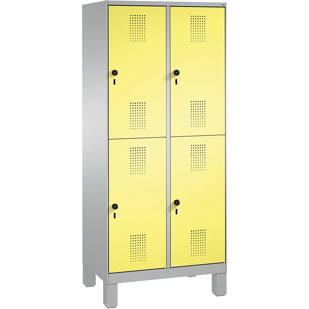 EVOLO cloakroom locker, double tier, with feet – C+P, 2 compartments, 2 shelf compartments each, compartment width 400 mm, white aluminium / sulphur yellow-3