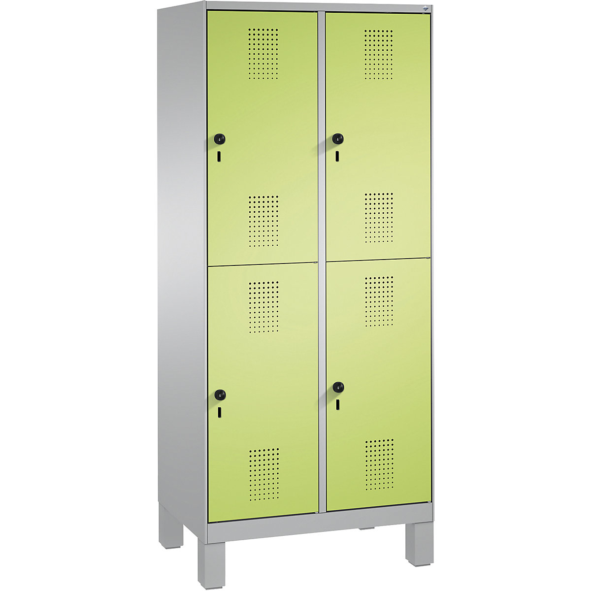 EVOLO cloakroom locker, double tier, with feet – C+P, 2 compartments, 2 shelf compartments each, compartment width 400 mm, white aluminium / viridian green-15