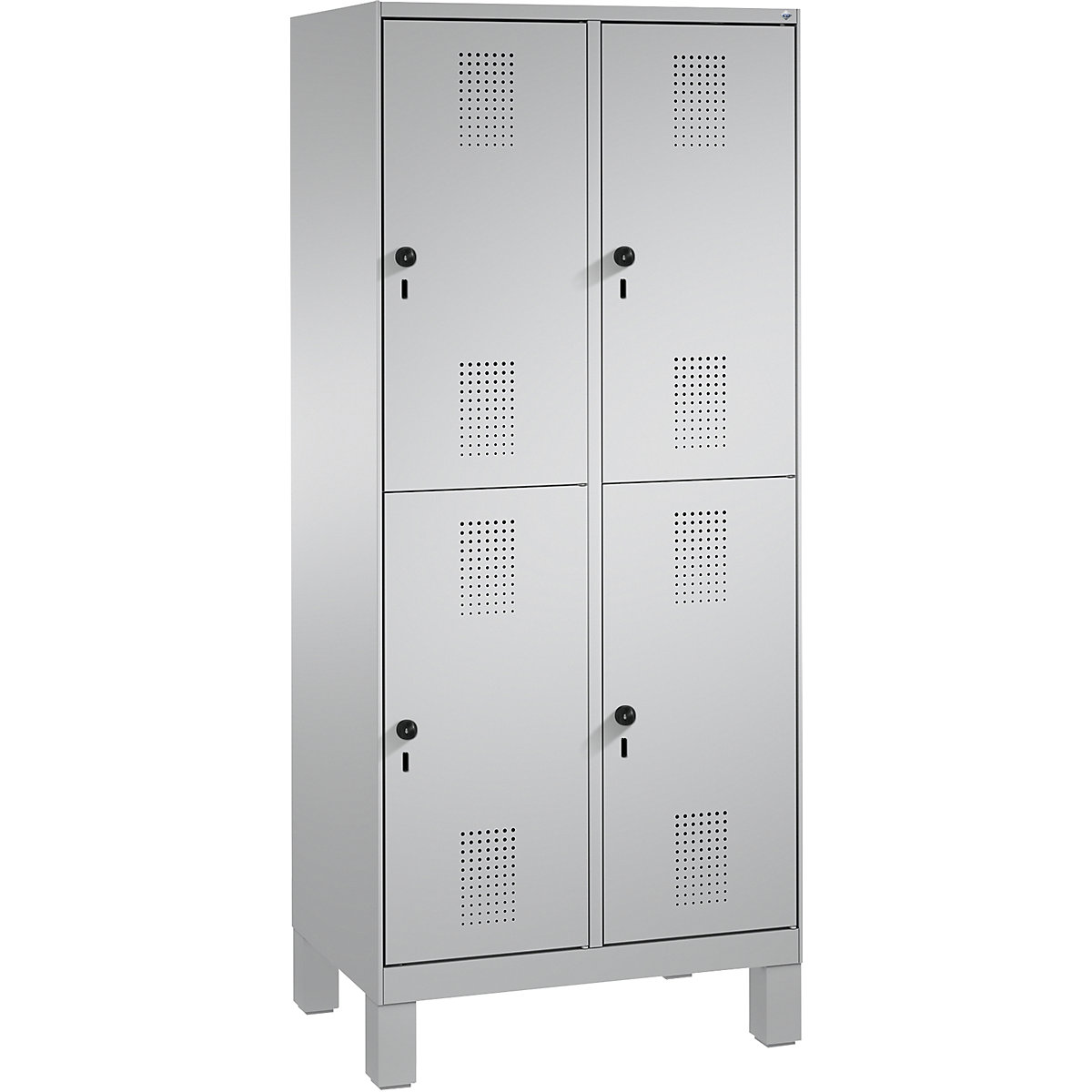 EVOLO cloakroom locker, double tier, with feet – C+P, 2 compartments, 2 shelf compartments each, compartment width 400 mm, white aluminium / white aluminium-8