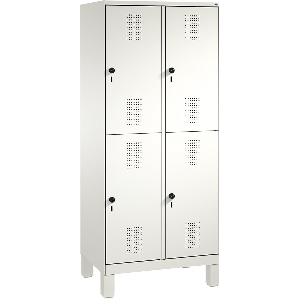 EVOLO cloakroom locker, double tier, with feet – C+P, 2 compartments, 2 shelf compartments each, compartment width 400 mm, traffic white / traffic white-7