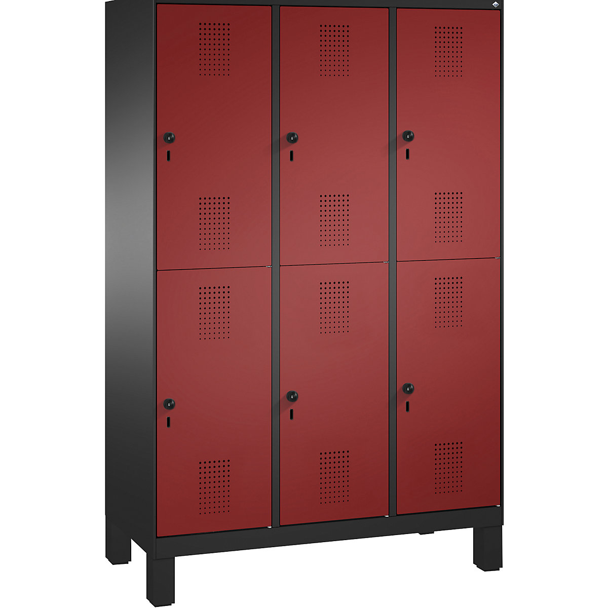 EVOLO cloakroom locker, double tier, with feet – C+P, 3 compartments, 2 shelf compartments each, compartment width 400 mm, black grey / ruby red-3