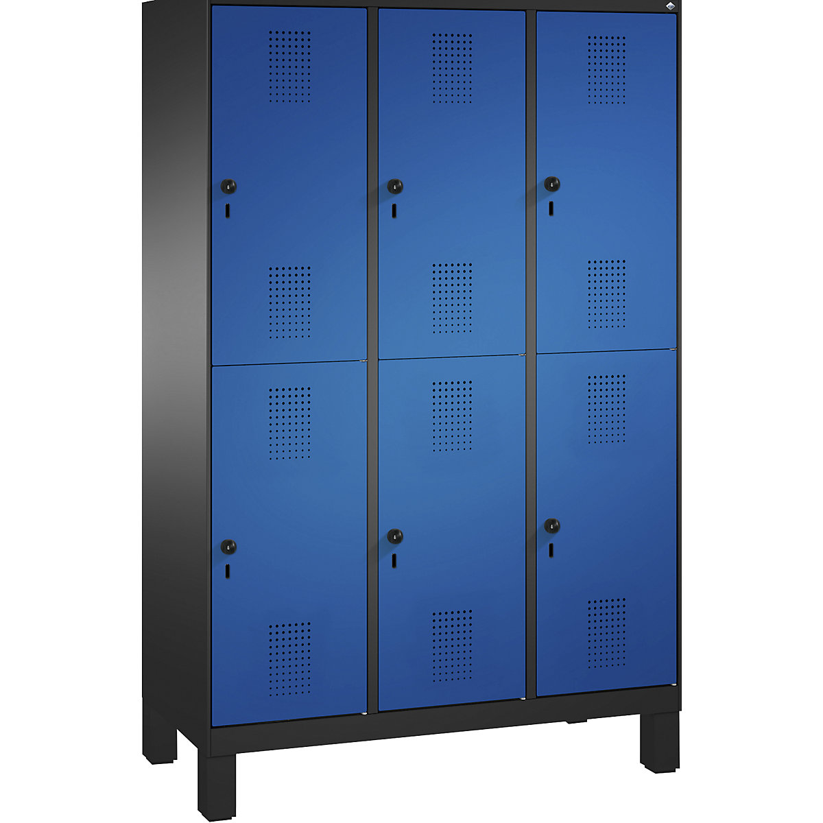 EVOLO cloakroom locker, double tier, with feet – C+P, 3 compartments, 2 shelf compartments each, compartment width 400 mm, black grey / gentian blue-6