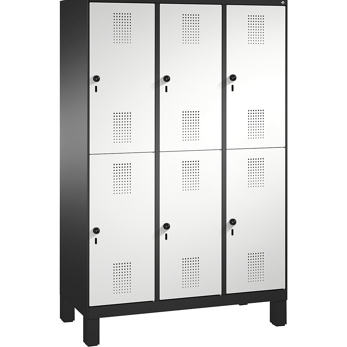 EVOLO cloakroom locker, double tier, with feet – C+P, 3 compartments, 2 shelf compartments each, compartment width 400 mm, black grey / light grey-12