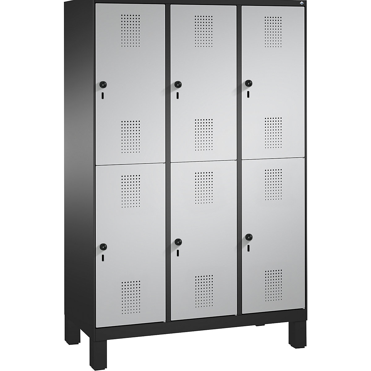 EVOLO cloakroom locker, double tier, with feet – C+P, 3 compartments, 2 shelf compartments each, compartment width 400 mm, black grey / white aluminium-16
