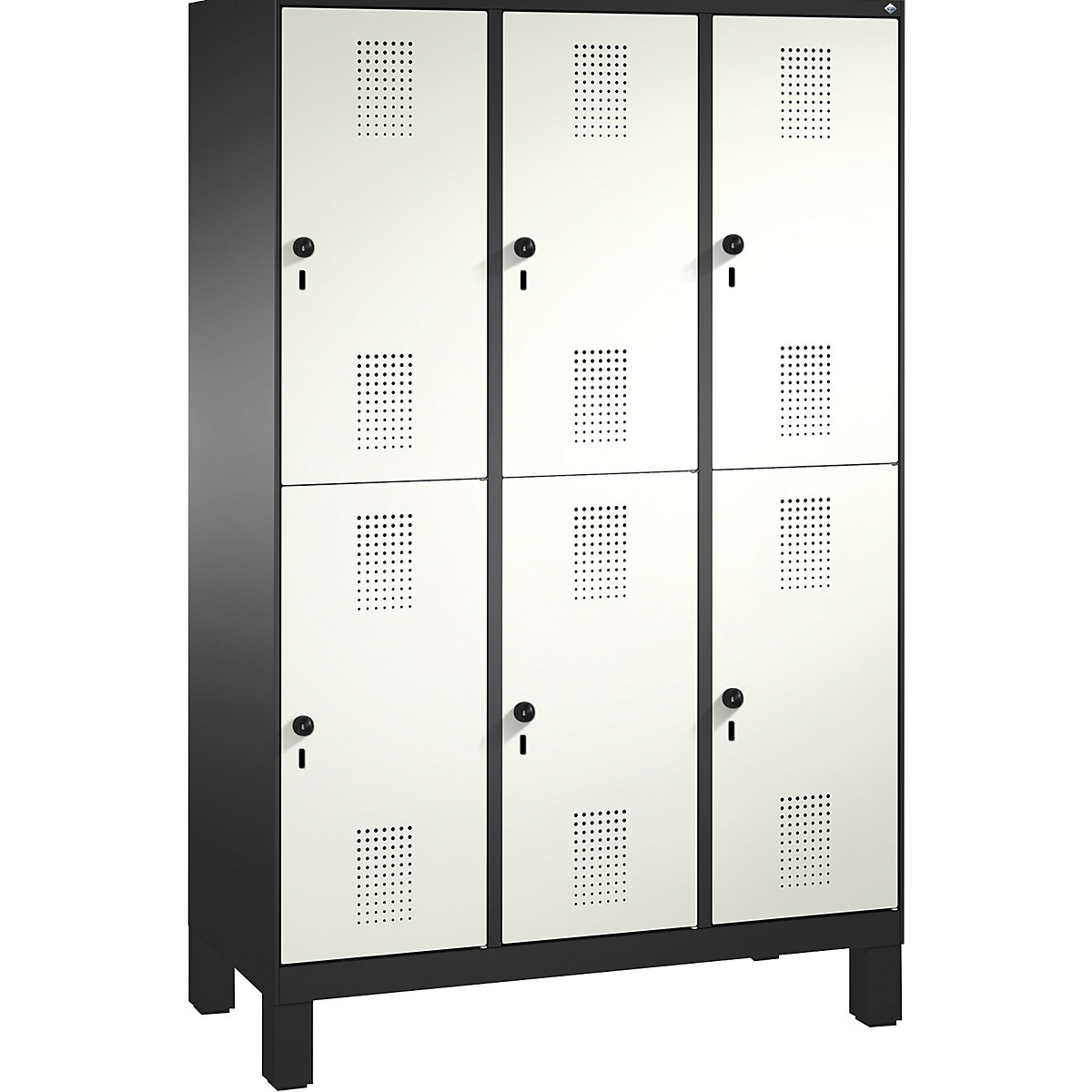 EVOLO cloakroom locker, double tier, with feet – C+P, 3 compartments, 2 shelf compartments each, compartment width 400 mm, black grey / traffic white-5
