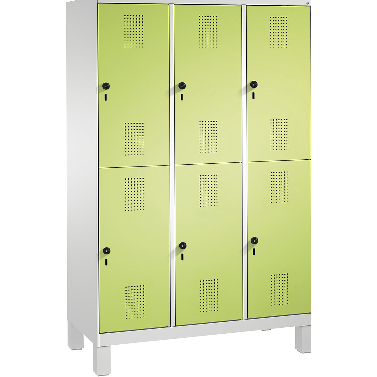 EVOLO cloakroom locker, double tier, with feet – C+P, 3 compartments, 2 shelf compartments each, compartment width 400 mm, light grey / viridian green-8