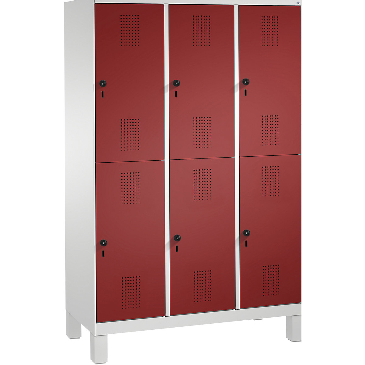 EVOLO cloakroom locker, double tier, with feet – C+P, 3 compartments, 2 shelf compartments each, compartment width 400 mm, light grey / ruby red-14