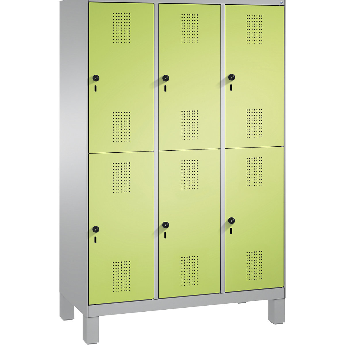 EVOLO cloakroom locker, double tier, with feet – C+P, 3 compartments, 2 shelf compartments each, compartment width 400 mm, white aluminium / viridian green-9