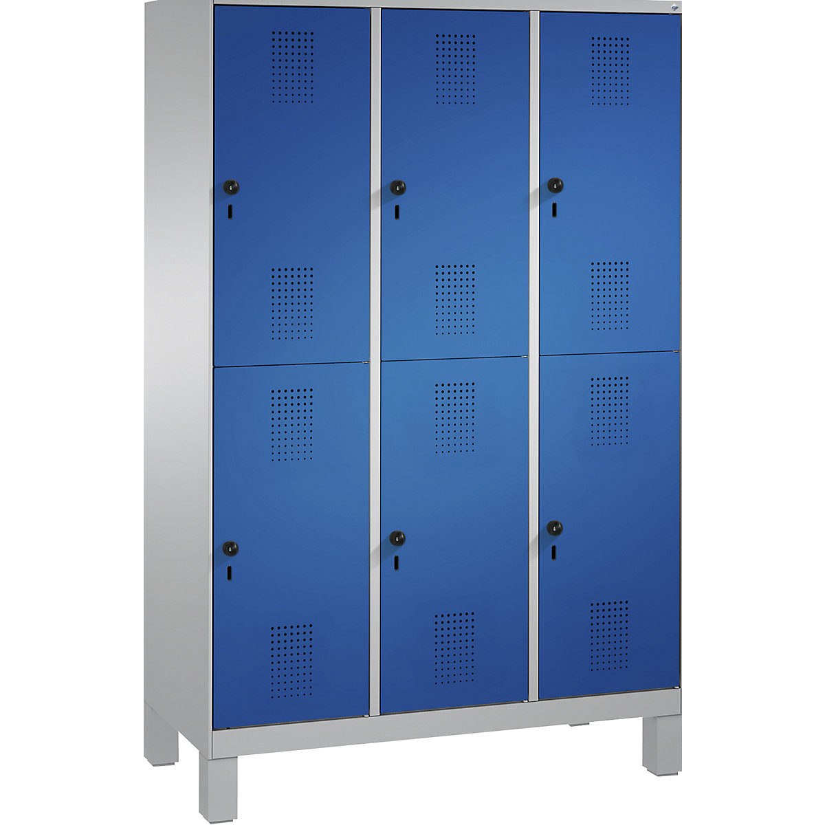 EVOLO cloakroom locker, double tier, with feet – C+P, 3 compartments, 2 shelf compartments each, compartment width 400 mm, white aluminium / gentian blue-1