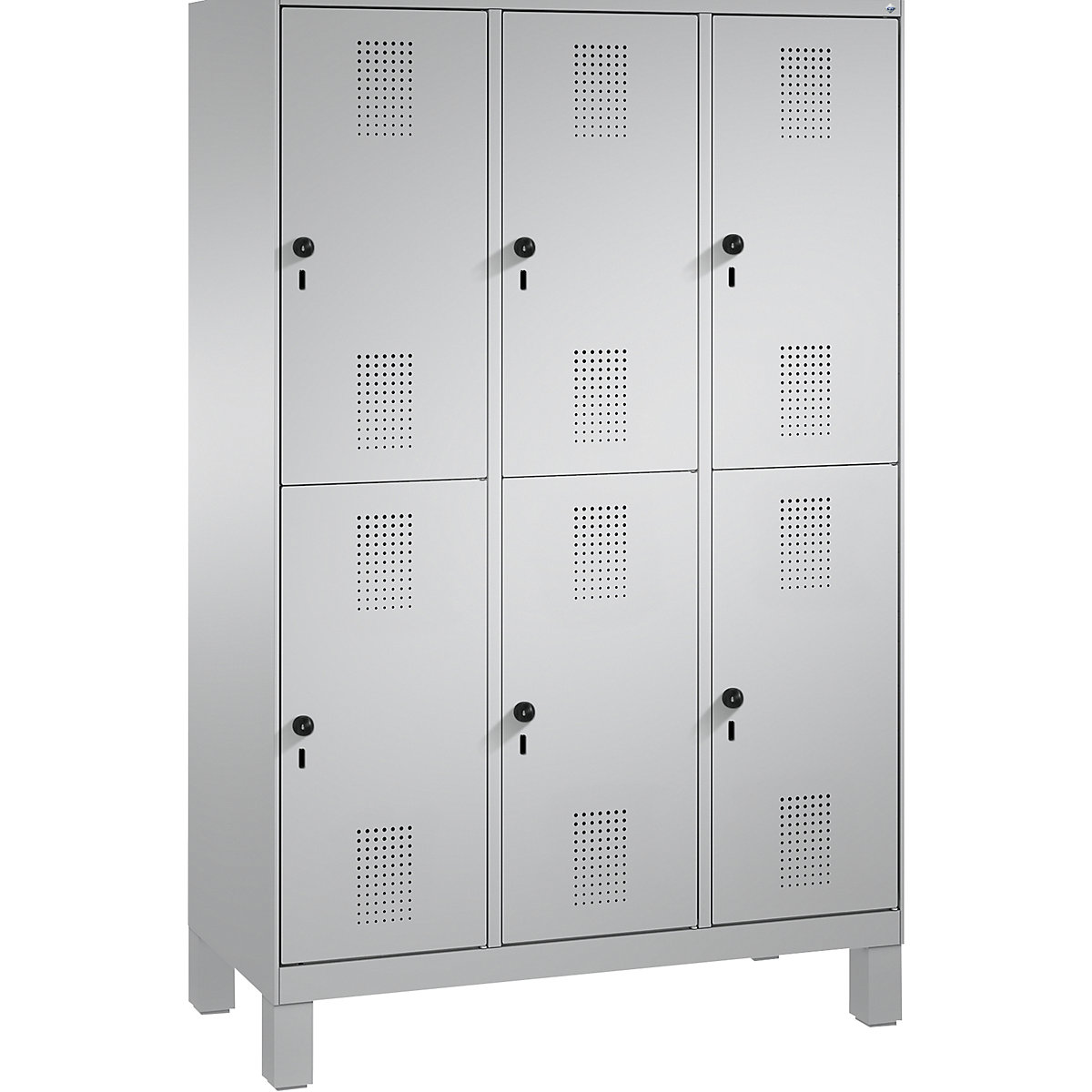 EVOLO cloakroom locker, double tier, with feet – C+P, 3 compartments, 2 shelf compartments each, compartment width 400 mm, white aluminium / white aluminium-7