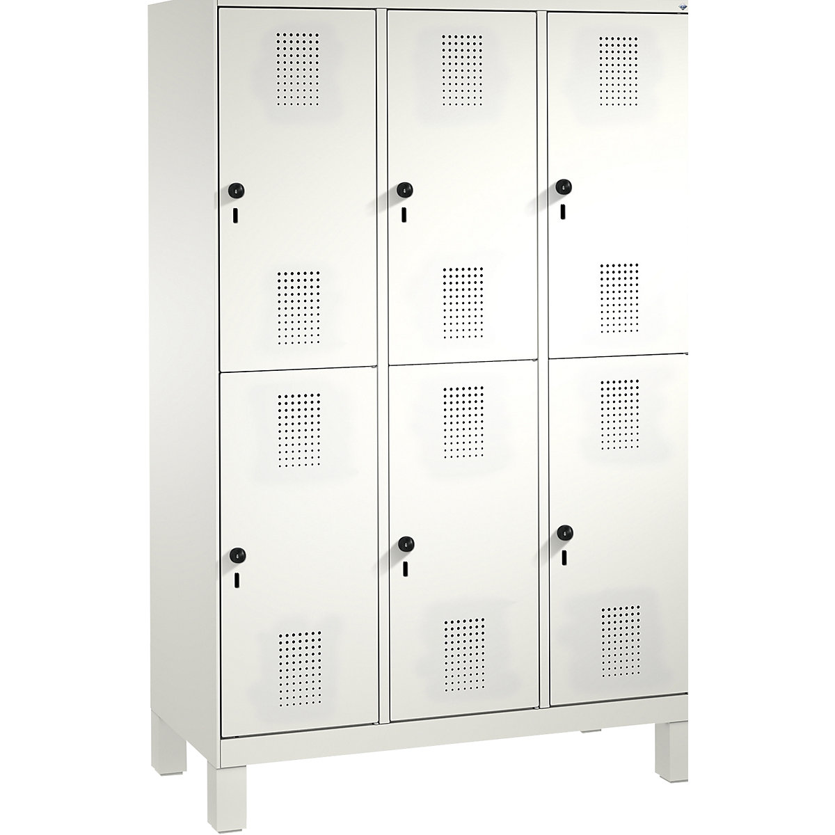 EVOLO cloakroom locker, double tier, with feet – C+P, 3 compartments, 2 shelf compartments each, compartment width 400 mm, traffic white / traffic white-13