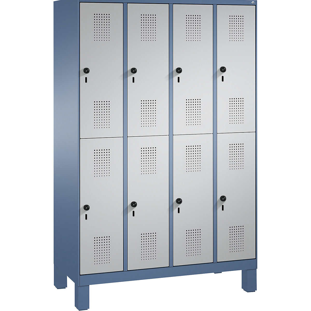 EVOLO cloakroom locker, double tier, with feet – C+P, 4 compartments, 2 shelf compartments each, compartment width 300 mm, distant blue / white aluminium-8