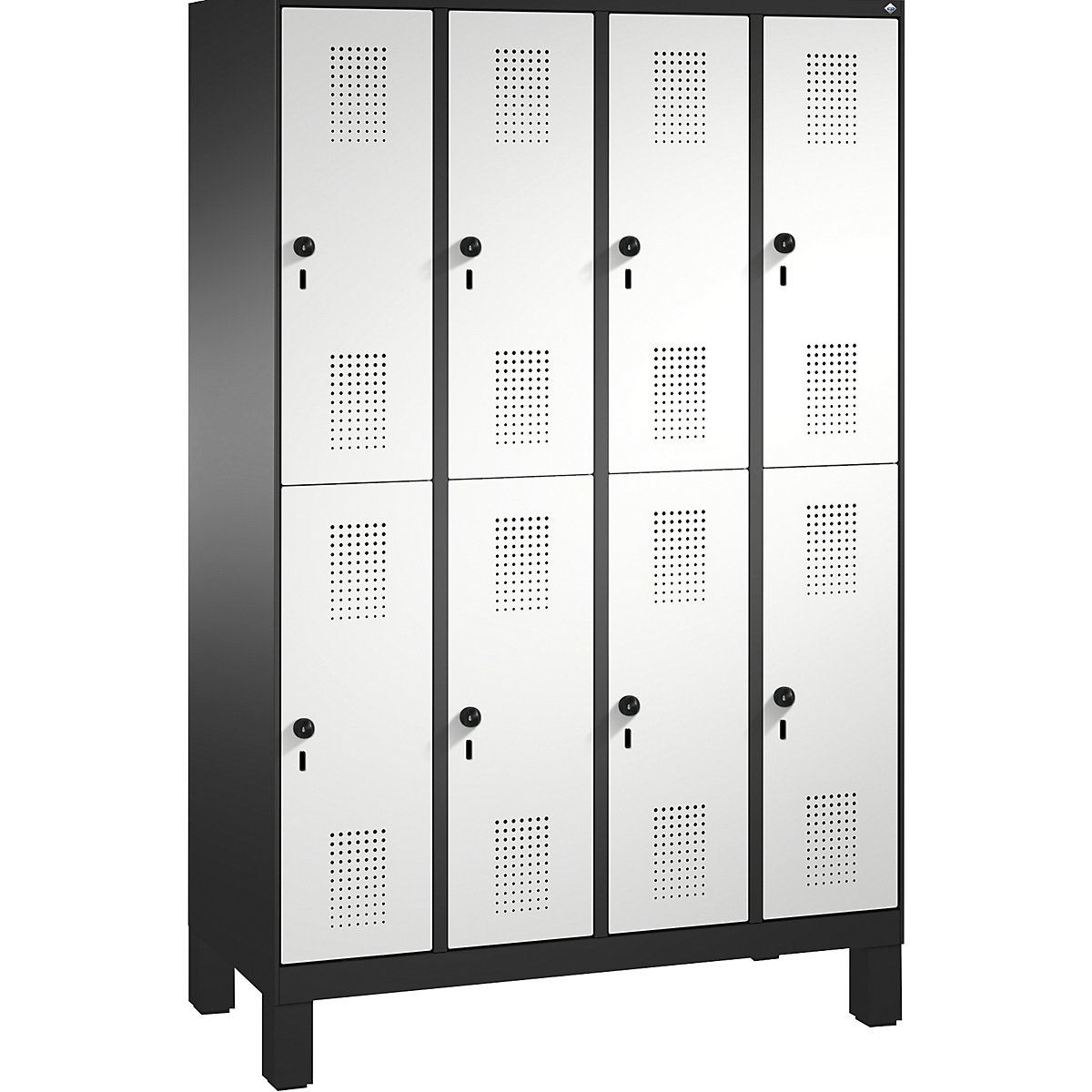 EVOLO cloakroom locker, double tier, with feet – C+P, 4 compartments, 2 shelf compartments each, compartment width 300 mm, black grey / light grey-3