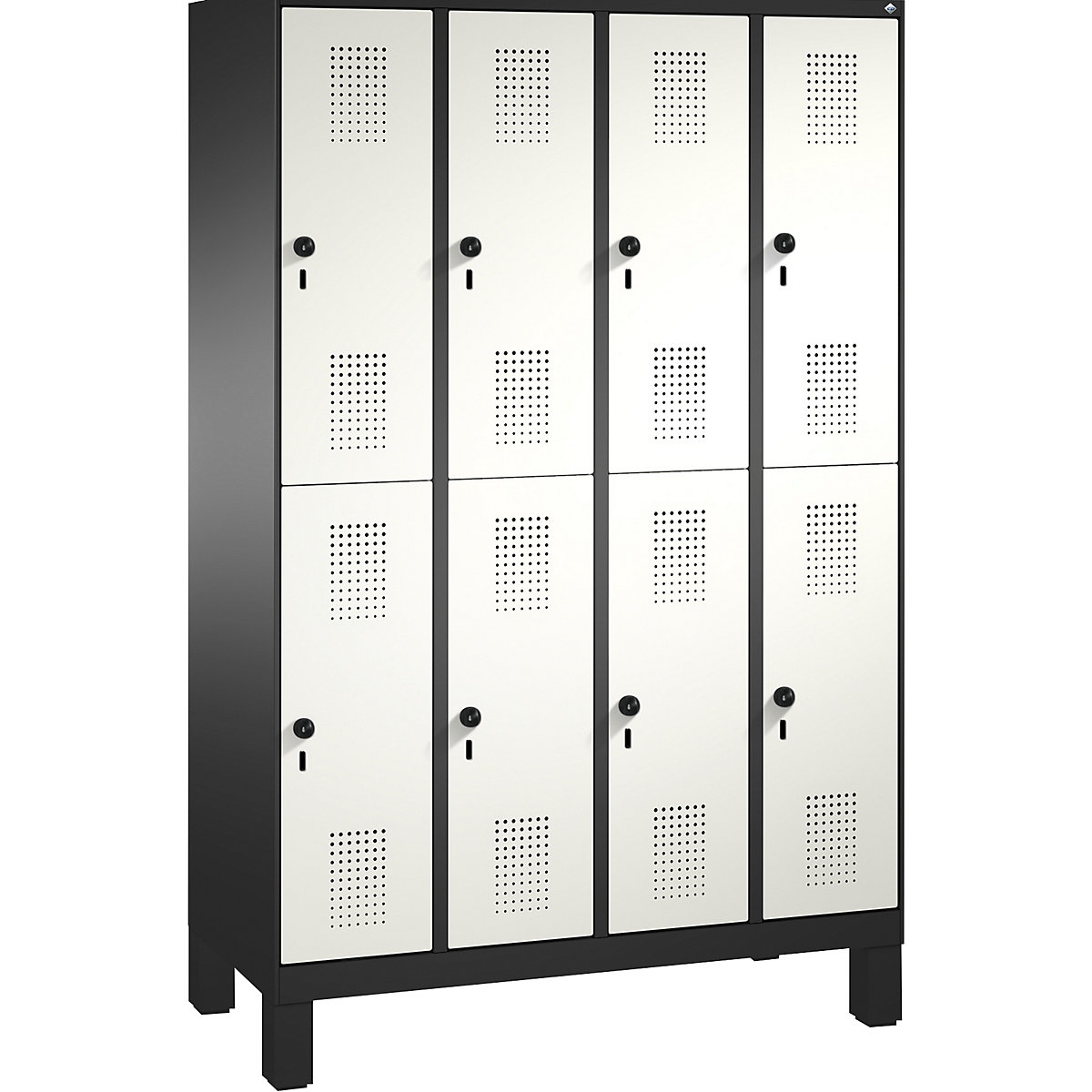 EVOLO cloakroom locker, double tier, with feet – C+P, 4 compartments, 2 shelf compartments each, compartment width 300 mm, black grey / traffic white-12